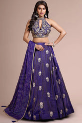 Blue Tissue Halter Neckline Lehenga with Zari Weave Floral Butta